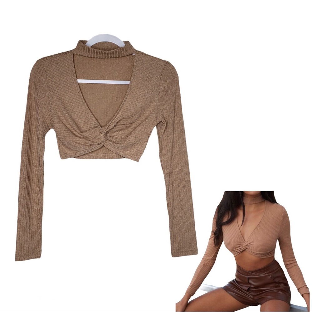 tan cropped long sleeve top